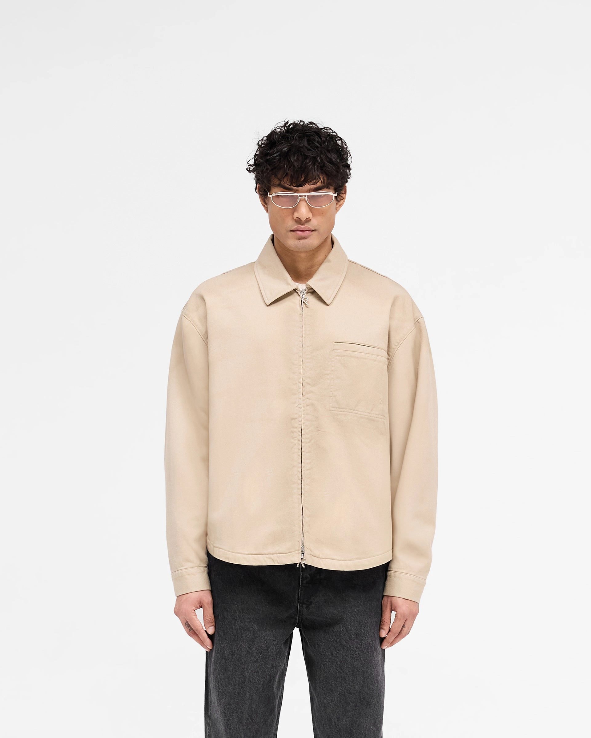 Cotton Zip Through Shirt - Beige Chic Wardrobe