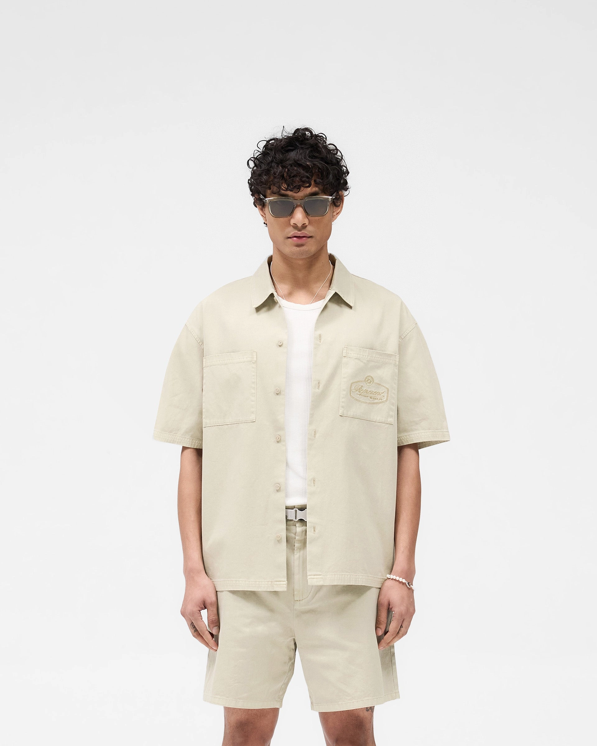 Classic Fit Short Sleeve Cotton Overshirt - Beige