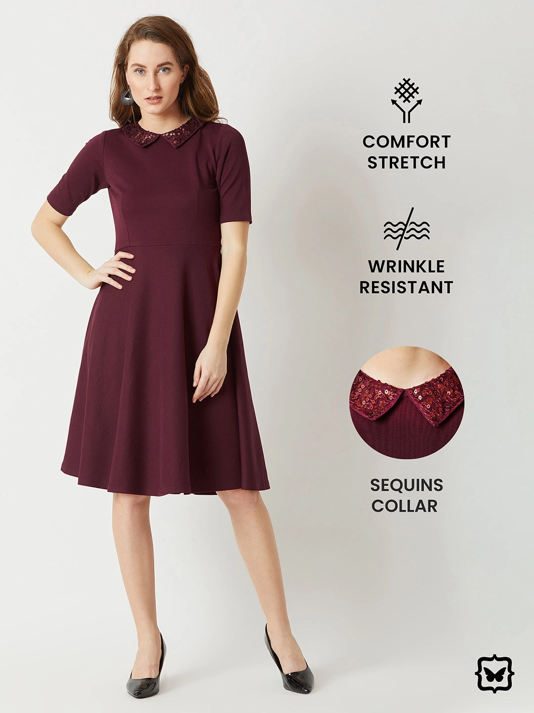 Sequin-Detail Crease Ease Women's Wine Red Collared Round Neck Half Sleeve Solid Knee-Long Skater Dress