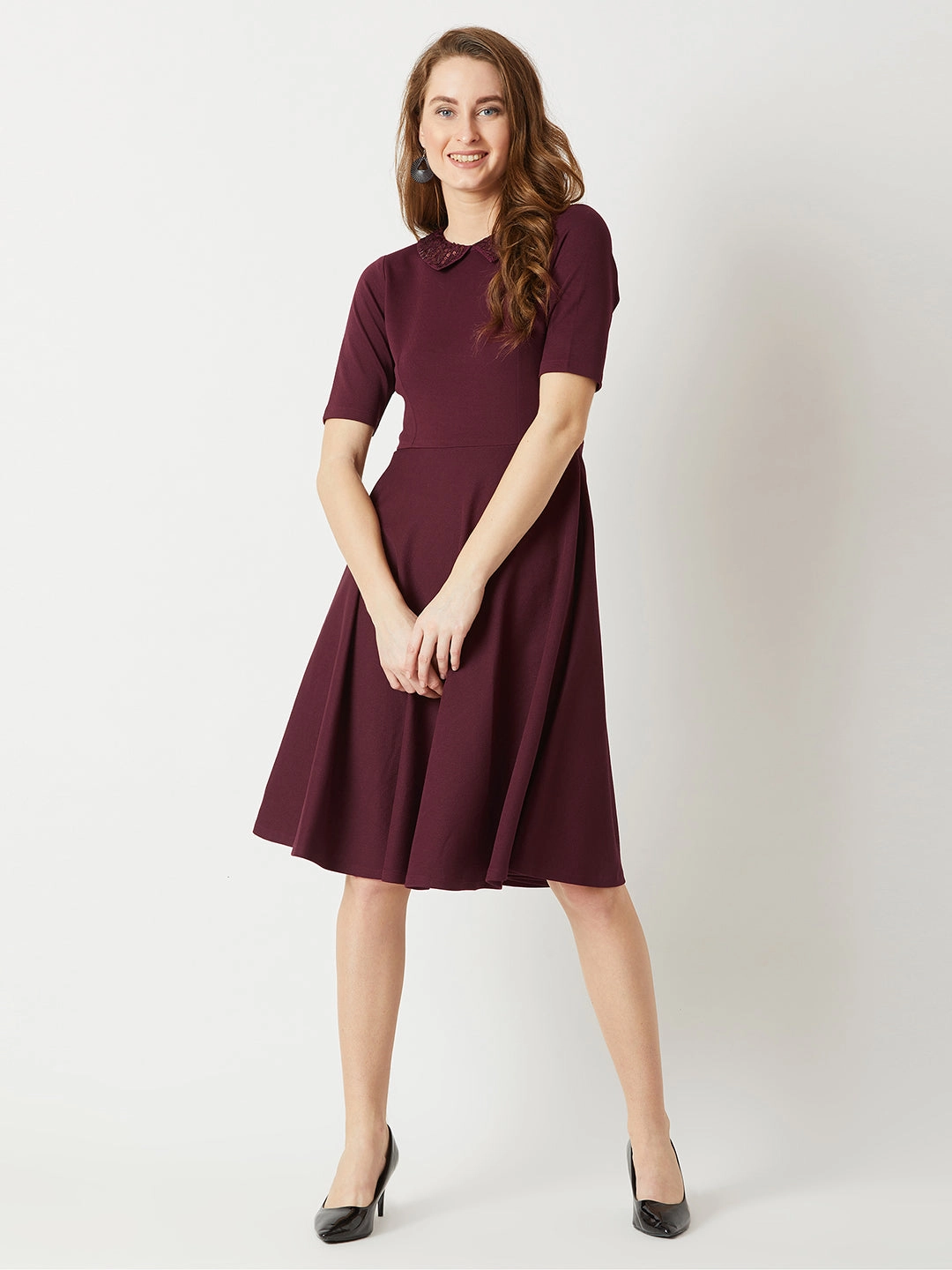 Timeless Comfort Wear Crease Ease Women's Wine Red Collared Round Neck Half Sleeve Solid Knee-Long Skater Dress