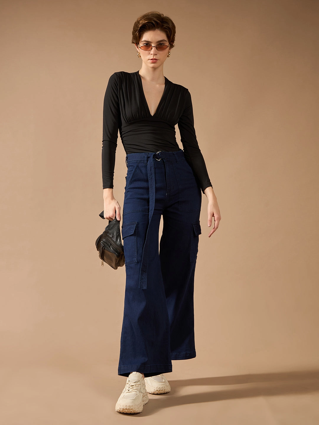 Sustainable Denim Production Sustainable Dye Methods Women's Navy-Blue Wide-Leg High-Rise Stretchable Cargo Denim Jeans