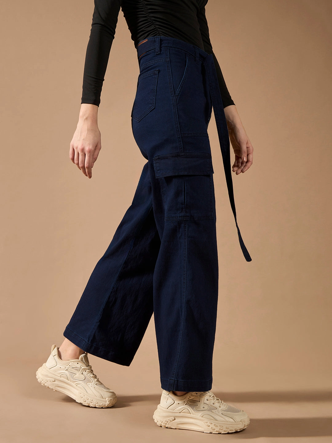 Street Fashion Breathable Women's Navy-Blue Wide-Leg High-Rise Stretchable Cargo Denim Jeans