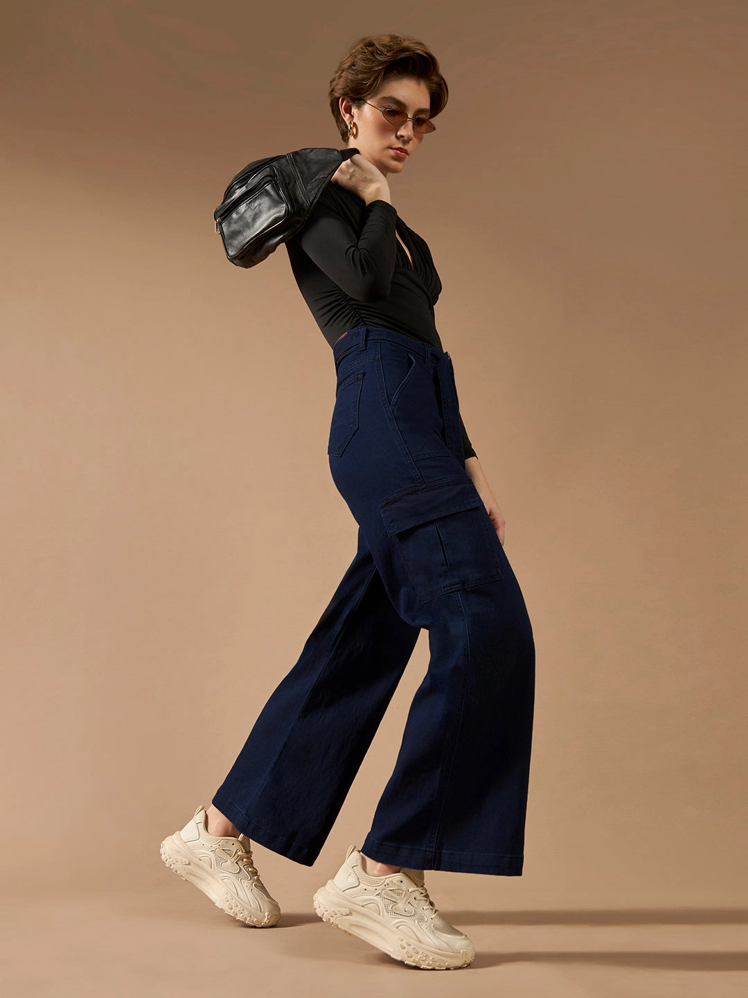 Women's Navy-Blue Wide-Leg High-Rise Stretchable Cargo Denim Jeans Weekender Wear Universal Basic