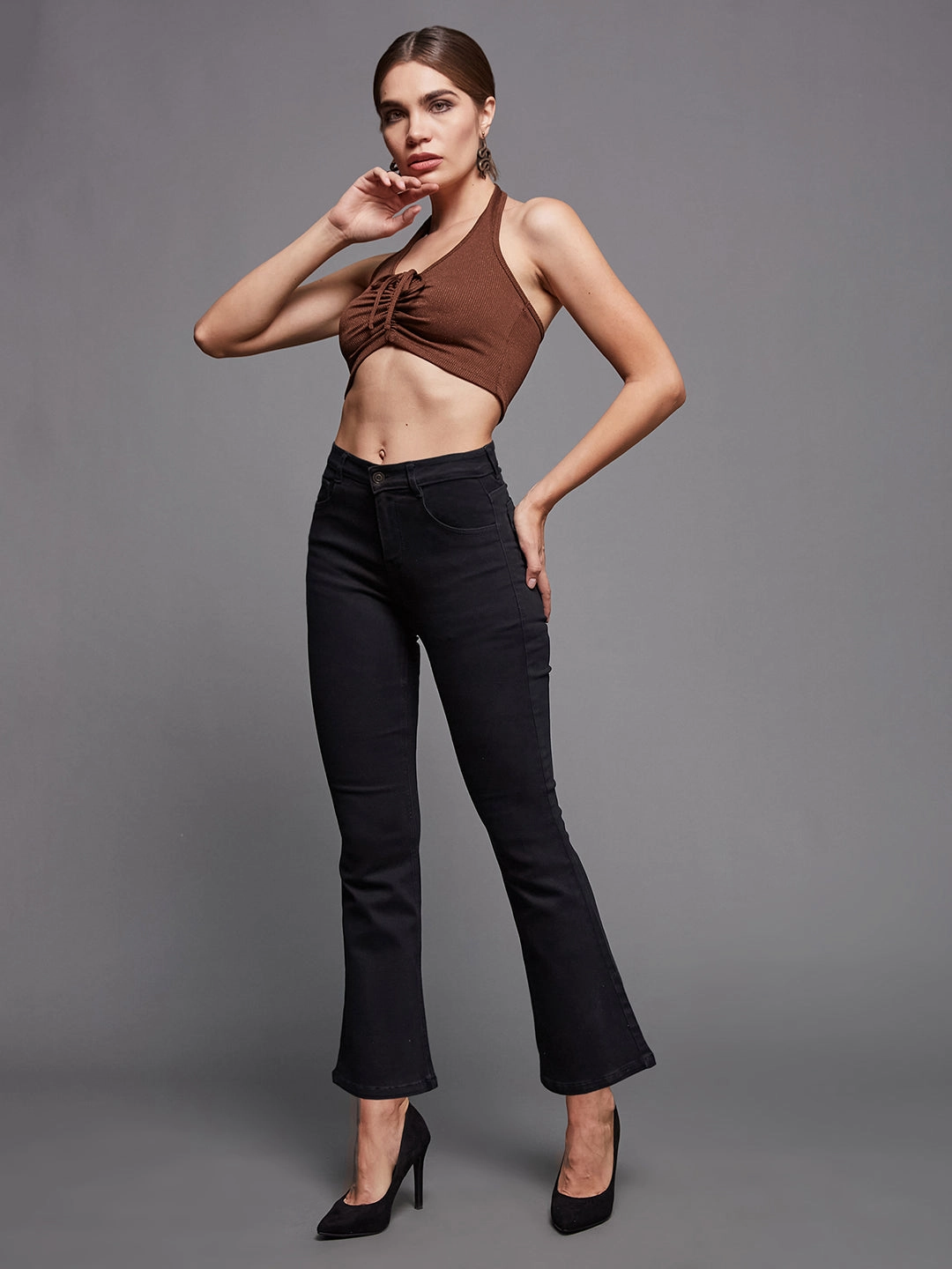 24/7 Comfort Black Bell-Bottom Bootcut Mid-Rise Stretchable Denim Jeans Sleek Silhouette Sleek Fit