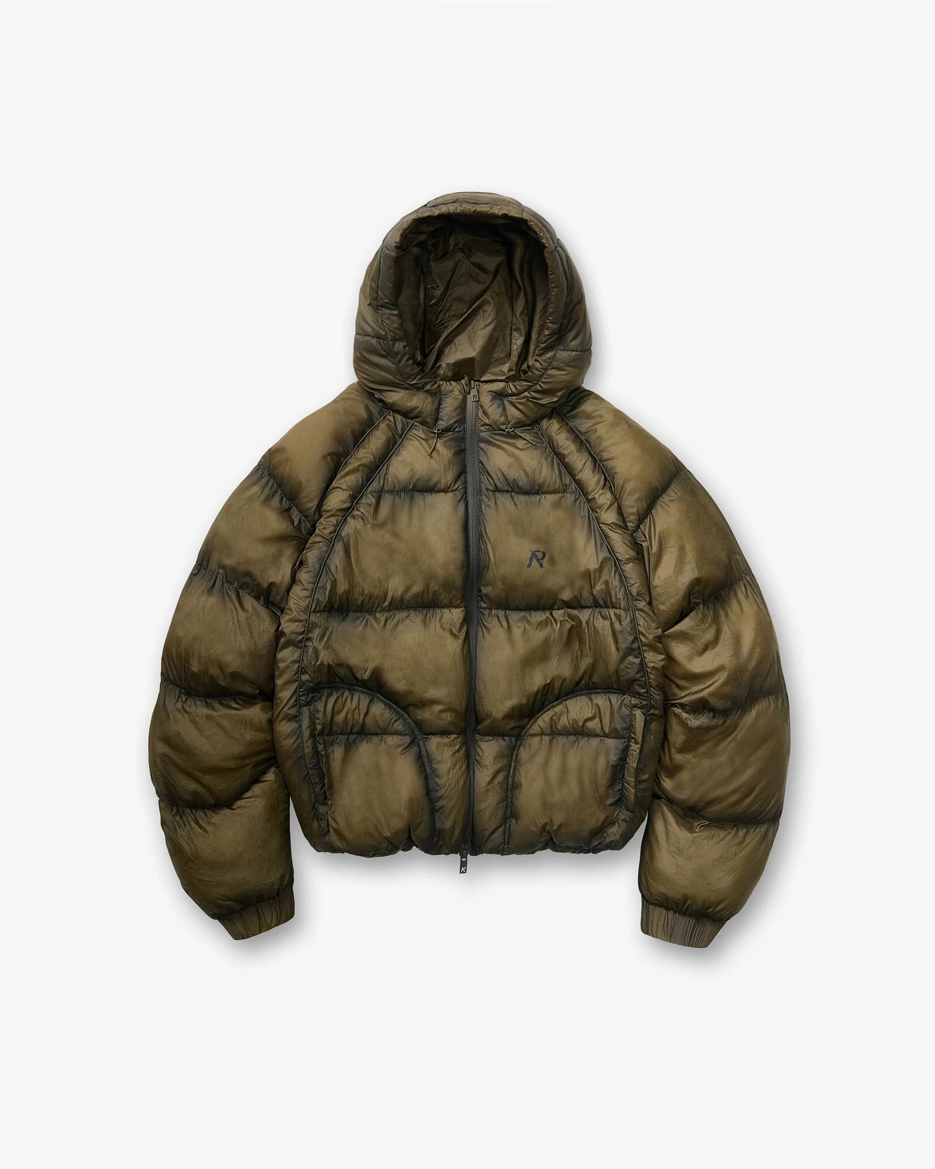 Eco Friendly Coatings Collapsible Packable Style Translucent Hooded Puffer - Dark Olive