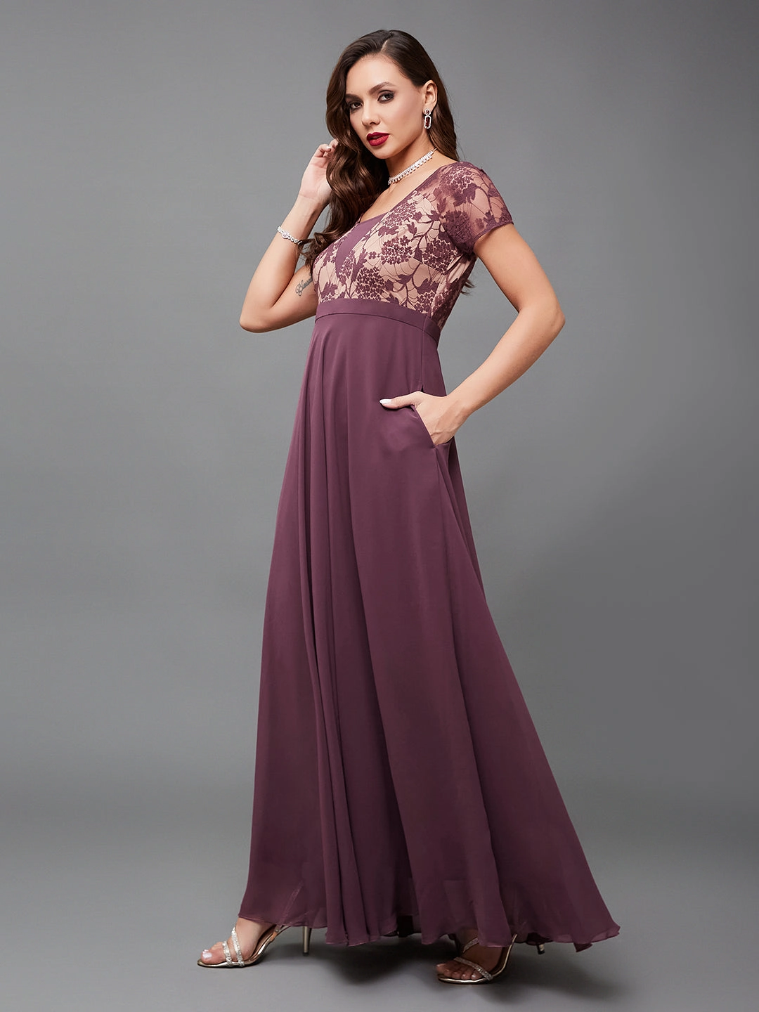 Festival-Ready Vibrant Waist Women's Mauve Square-Neck Raglan-Sleeve Self-Designed Flared Georgette Maxi Dress