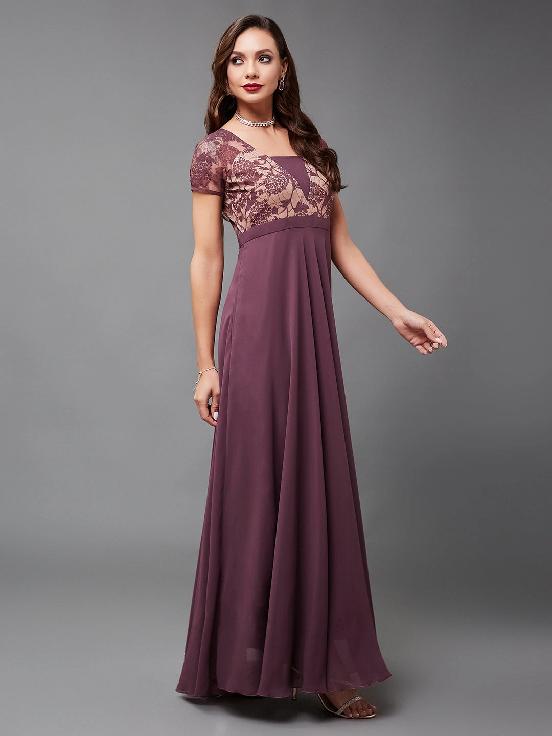 Women's Mauve Square-Neck Raglan-Sleeve Self-Designed Flared Georgette Maxi Dress Smart Texture Layered-Look