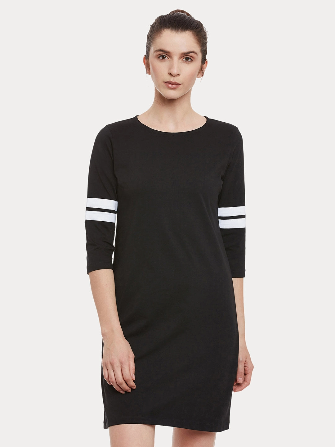 Women's Black Solid Round Neck 3/4 Sleeve Paneled Shift Dress Soft Contour Modest Cut