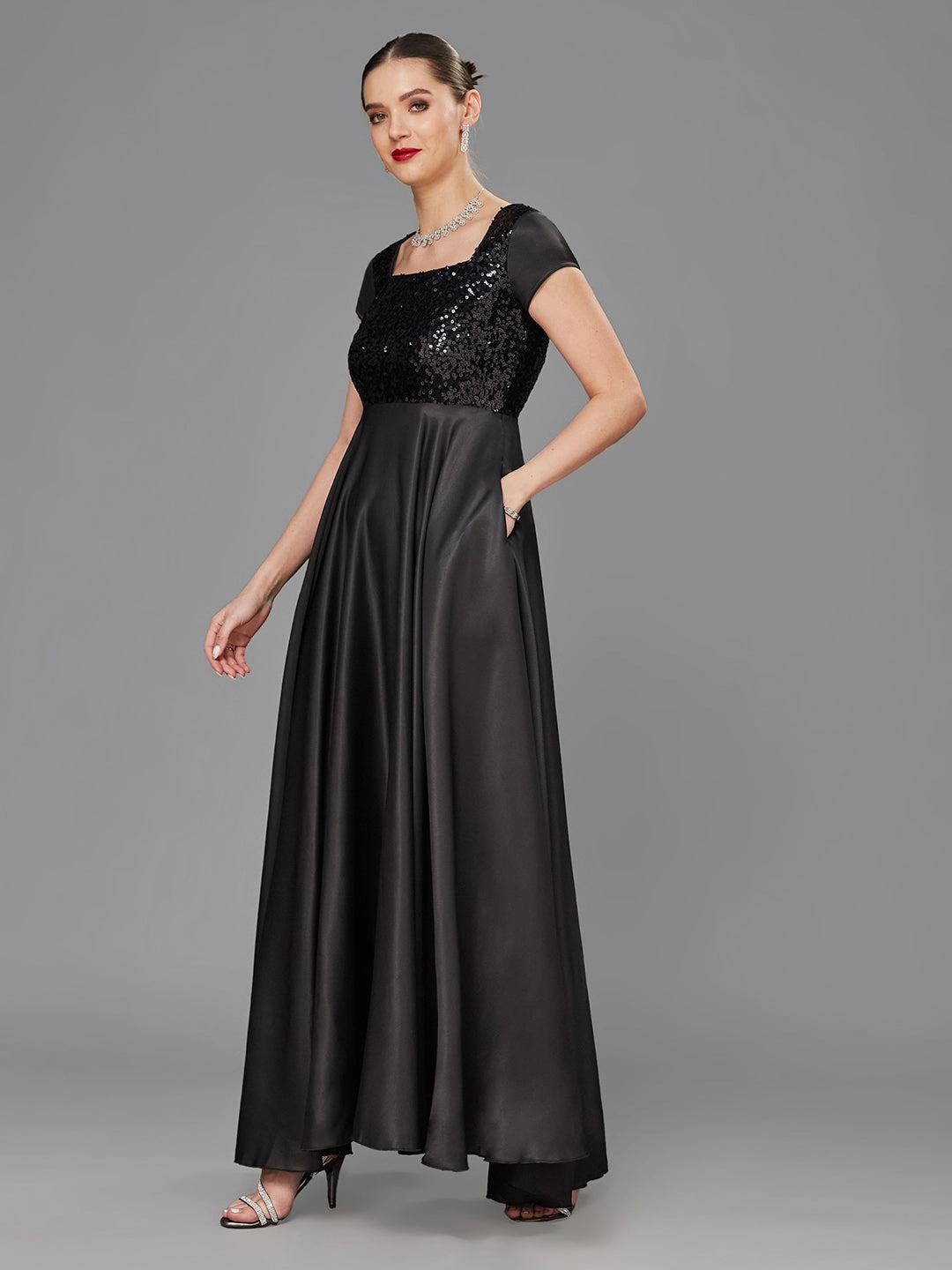 Women's Black Square Neck Short Sleeve Embellished Polyester Fit & Flare Maxi Dress Gender Fluid Shade Soft