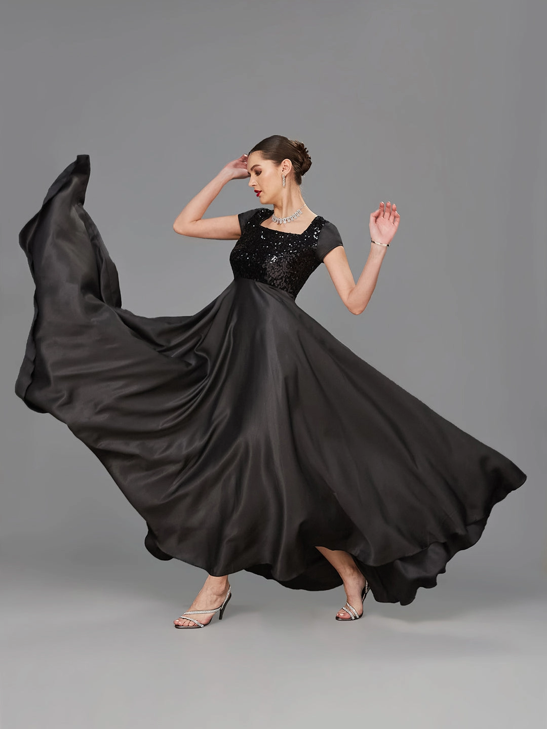 Smart and Polished Women's Black Square Neck Short Sleeve Embellished Polyester Fit & Flare Maxi Dress