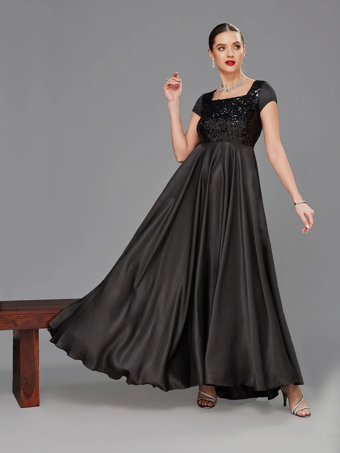 Women's Black Square Neck Short Sleeve Embellished Polyester Fit & Flare Maxi Dress Silky-Lining Structured Fit