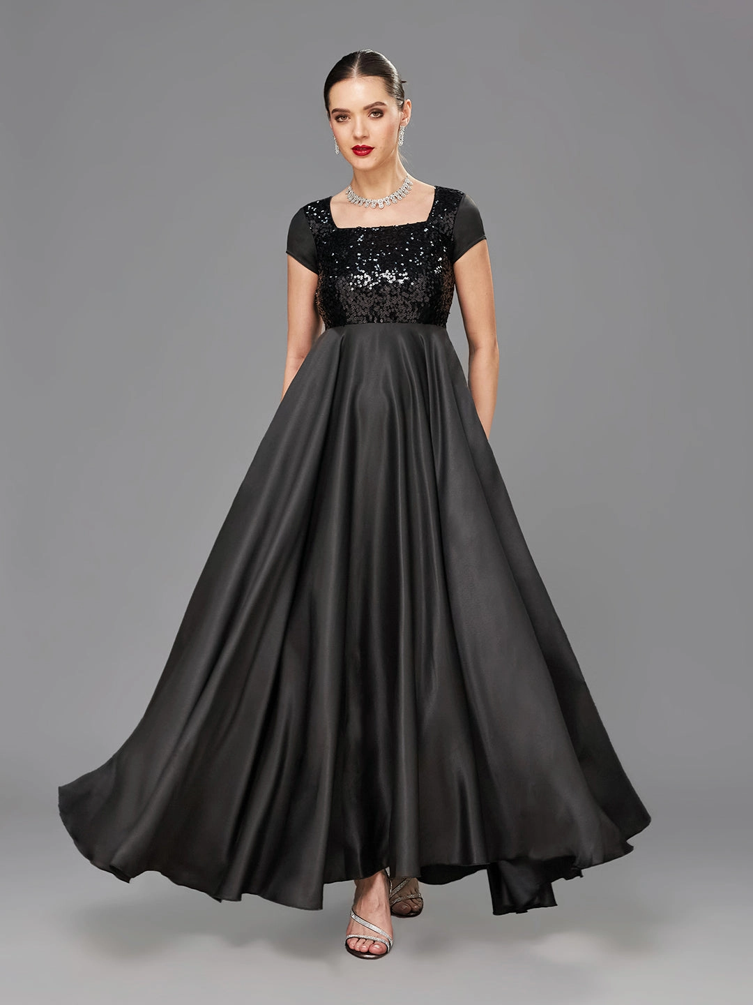 Relax Flex Women's Black Square Neck Short Sleeve Embellished Polyester Fit & Flare Maxi Dress