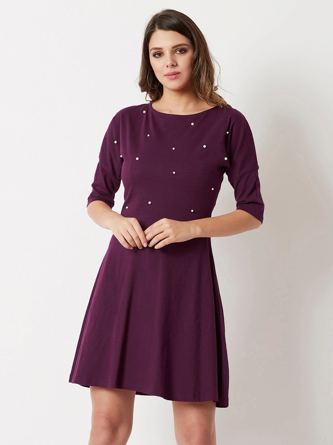 Women's Magenta Round Neck 3/4 Sleeve Cotton Solid Pearl Detailing Mini Skater Dress Sophisticated Wear Move Easy