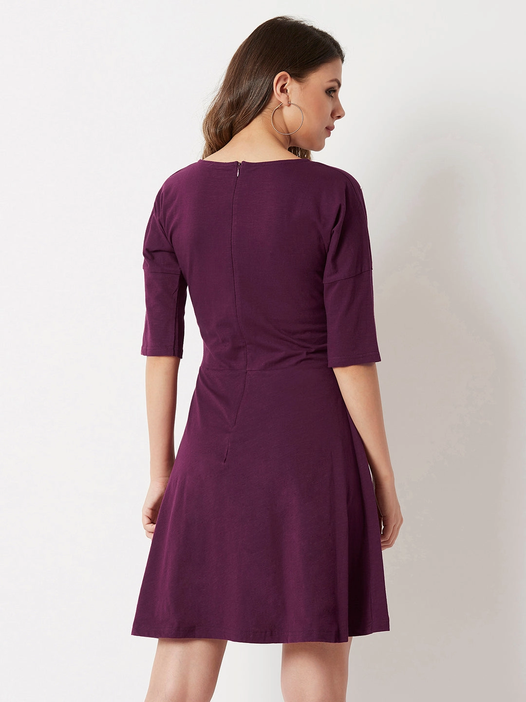 Women's Magenta Round Neck 3/4 Sleeve Cotton Solid Pearl Detailing Mini Skater Dress Glossy-Finish Feminine Style