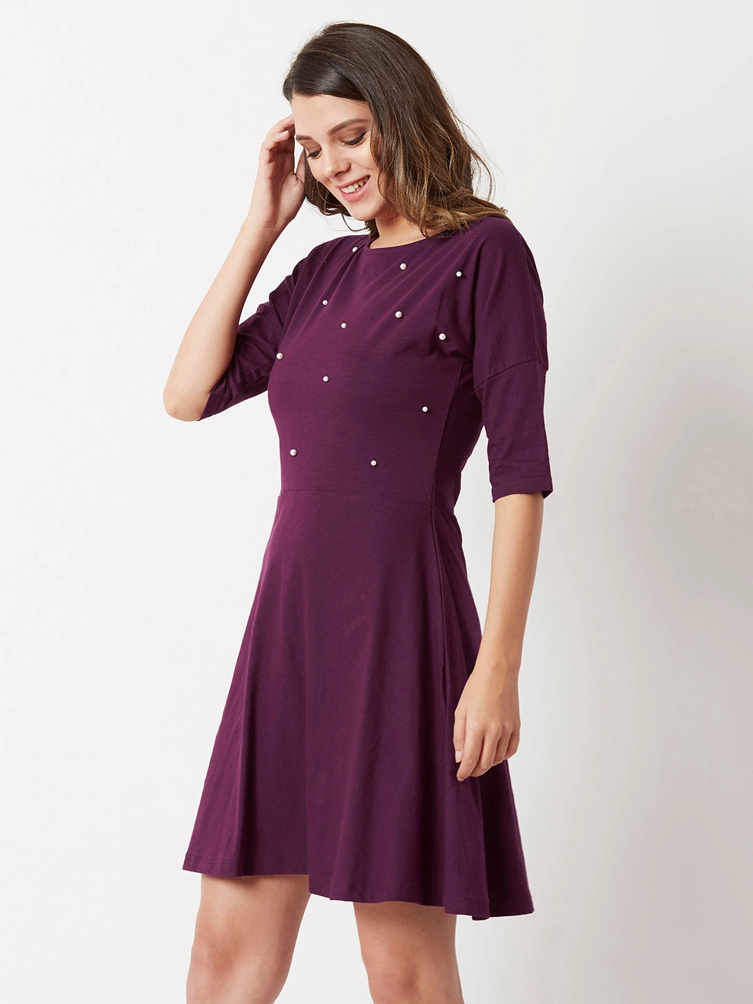 Flare Hem Chic Appeal Women's Magenta Round Neck 3/4 Sleeve Cotton Solid Pearl Detailing Mini Skater Dress