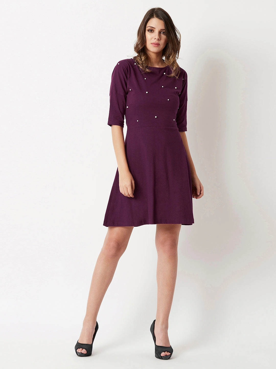 Air Beauty Women's Magenta Round Neck 3/4 Sleeve Cotton Solid Pearl Detailing Mini Skater Dress