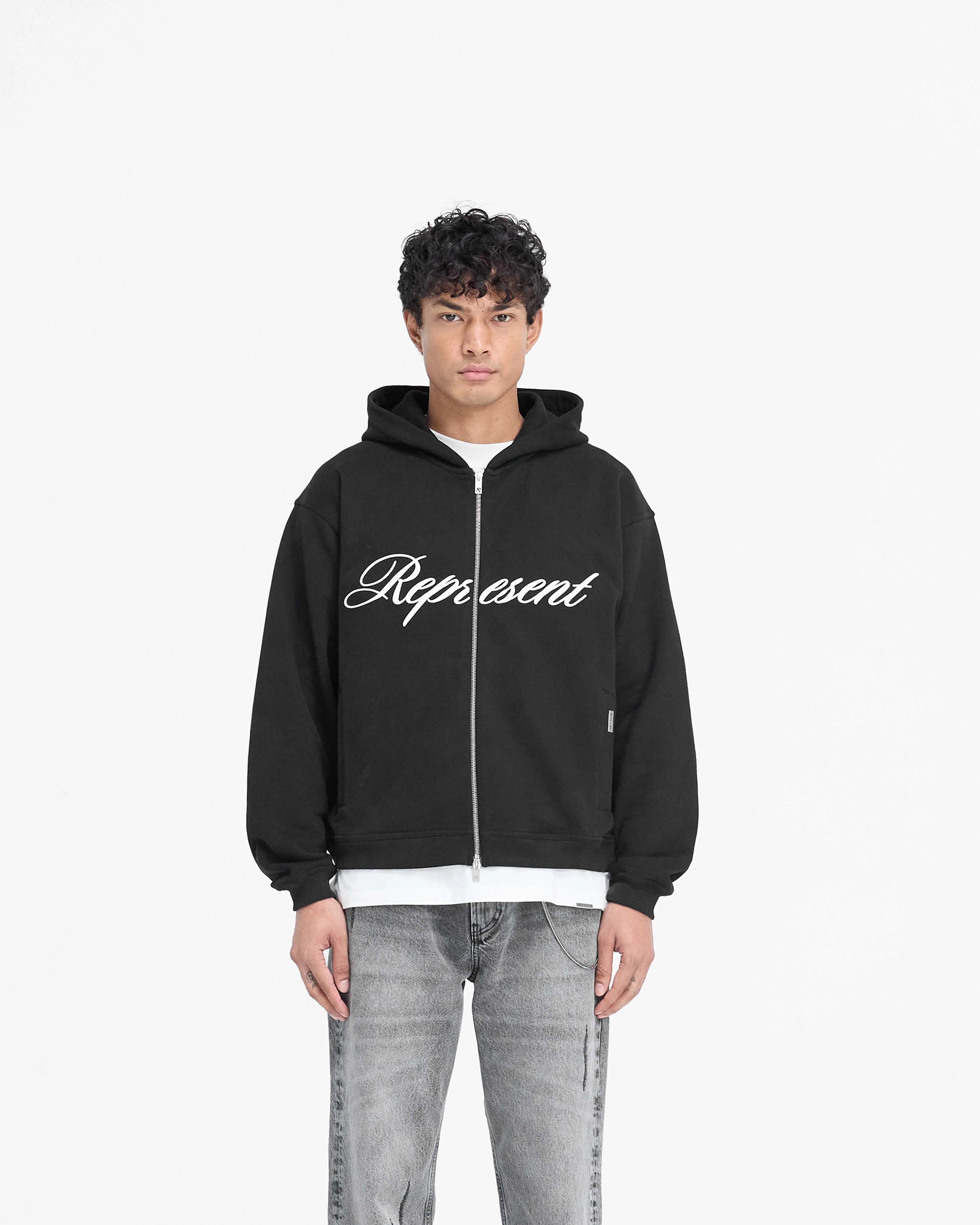 Street Motion Soft Material Script Logo Zip Hoodie - Black