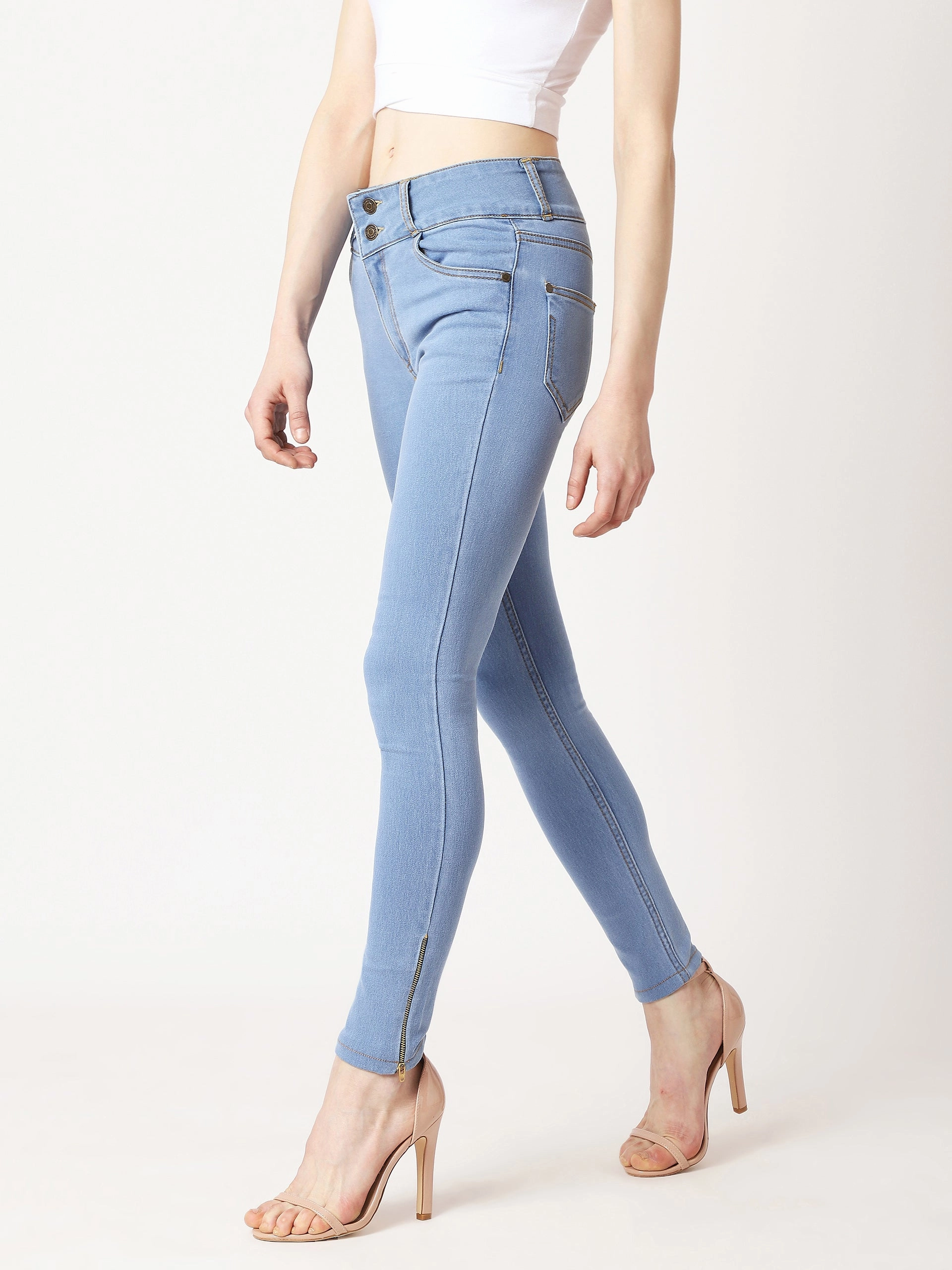 Tagless Design comfortable length Women's Blue Skinny High-Rise Broad Waist Band Zipper Detailing Denim Jeans