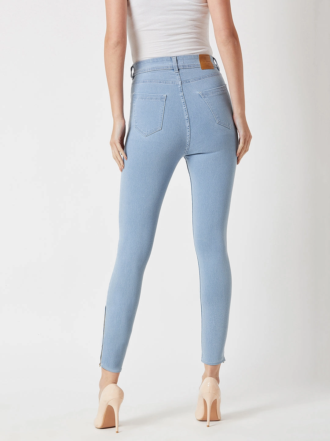 Women's Light Blue Skinny High-Rise Distressed Cropped Denim Jeans Casual Solution