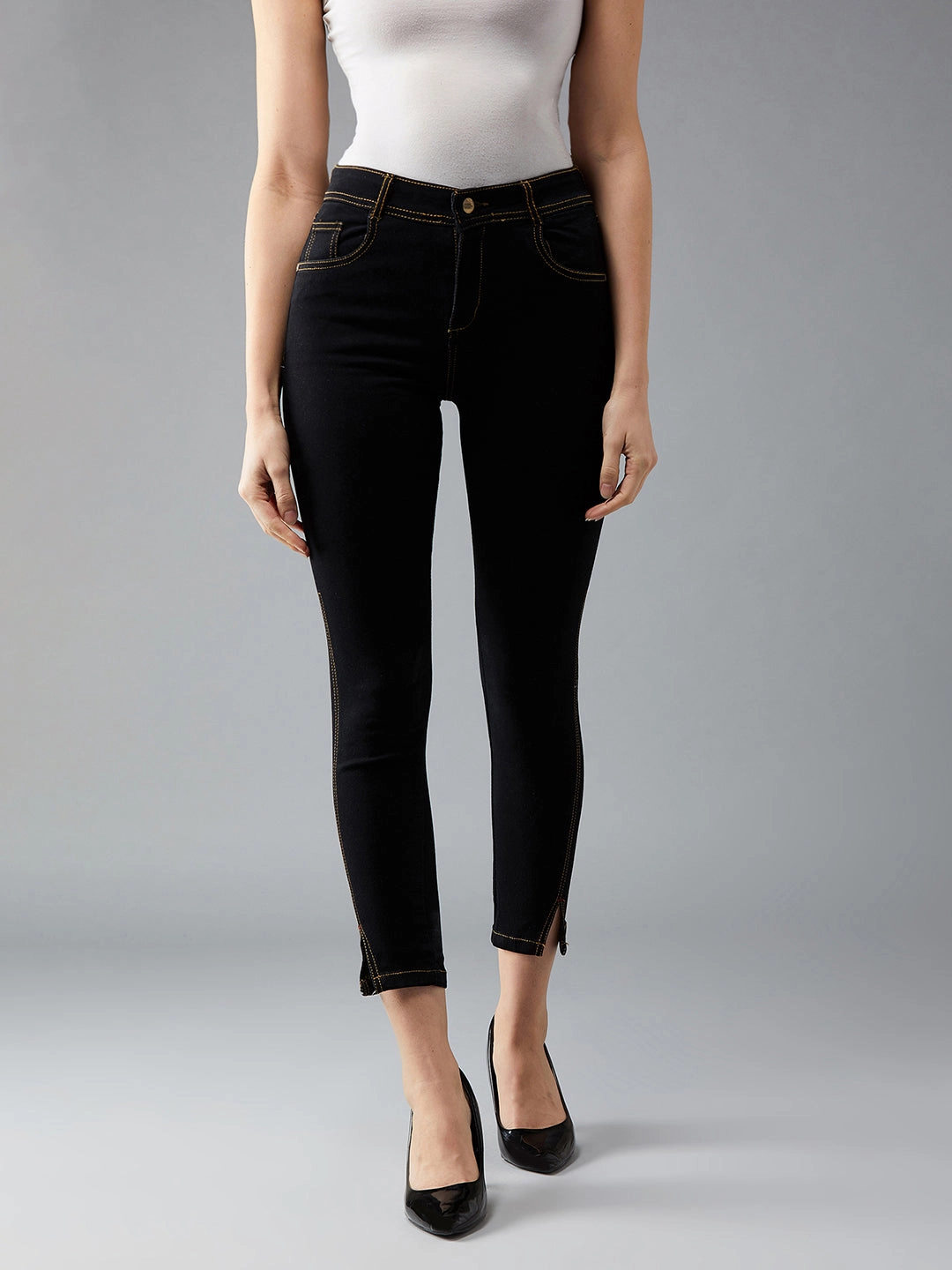 Women's Black Skinny High-Rise Side-Slit Solid Ankle Length Stretchable Denim Jeans Music Event Picnic Style Street Fashion Parent Style