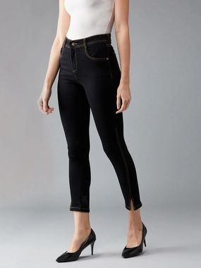 Women's Black Skinny High-Rise Side-Slit Solid Ankle Length Stretchable Denim Jeans Everyday Pick Trendy Comfort