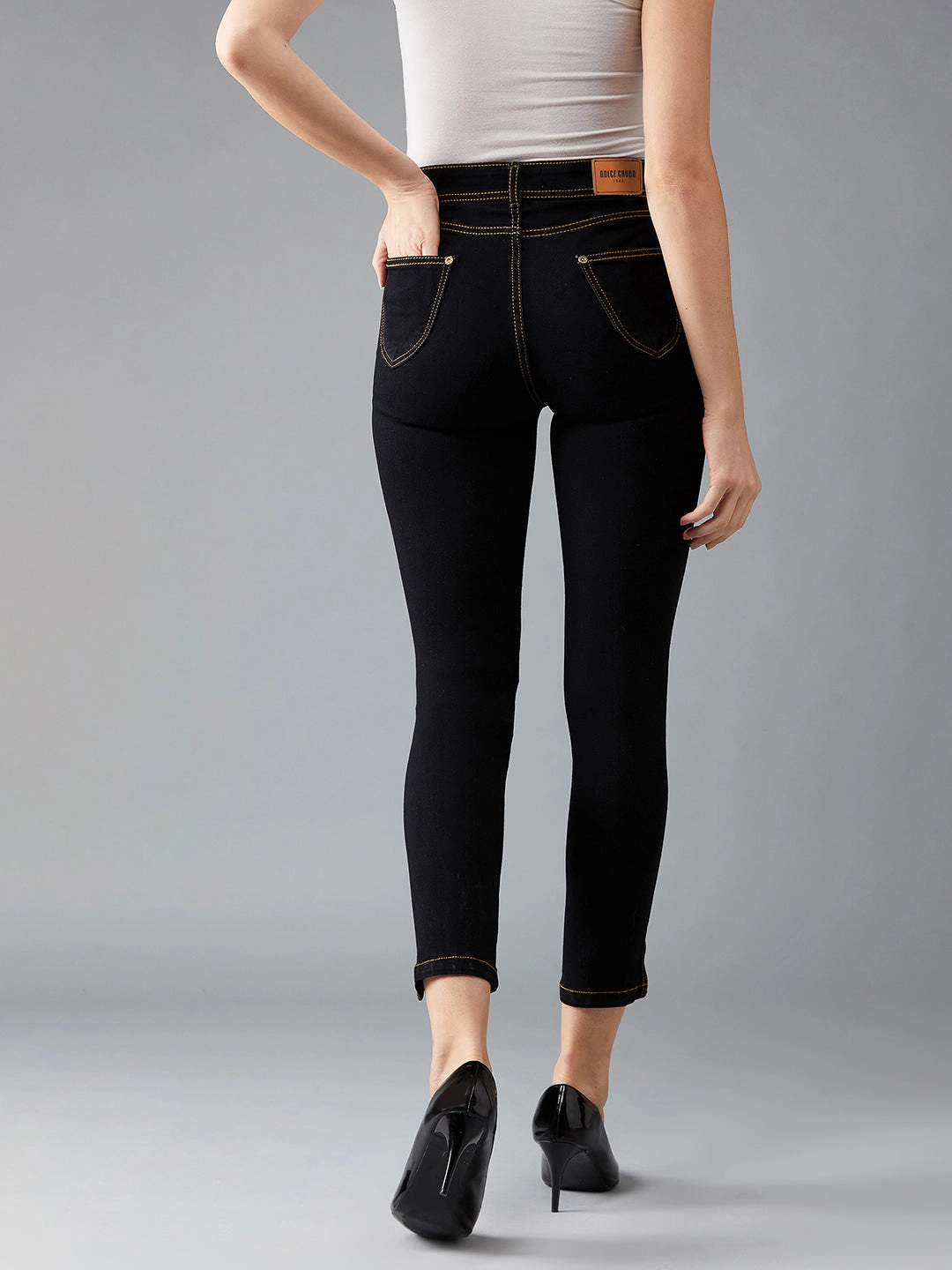 Women's Black Skinny High-Rise Side-Slit Solid Ankle Length Stretchable Denim Jeans Casual Friday Durable Athlete Fit