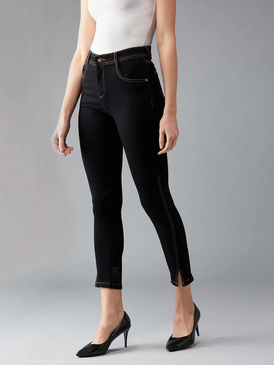 Women's Black Skinny High-Rise Side-Slit Solid Ankle Length Stretchable Denim Jeans Everyday Pick Trendy Comfort