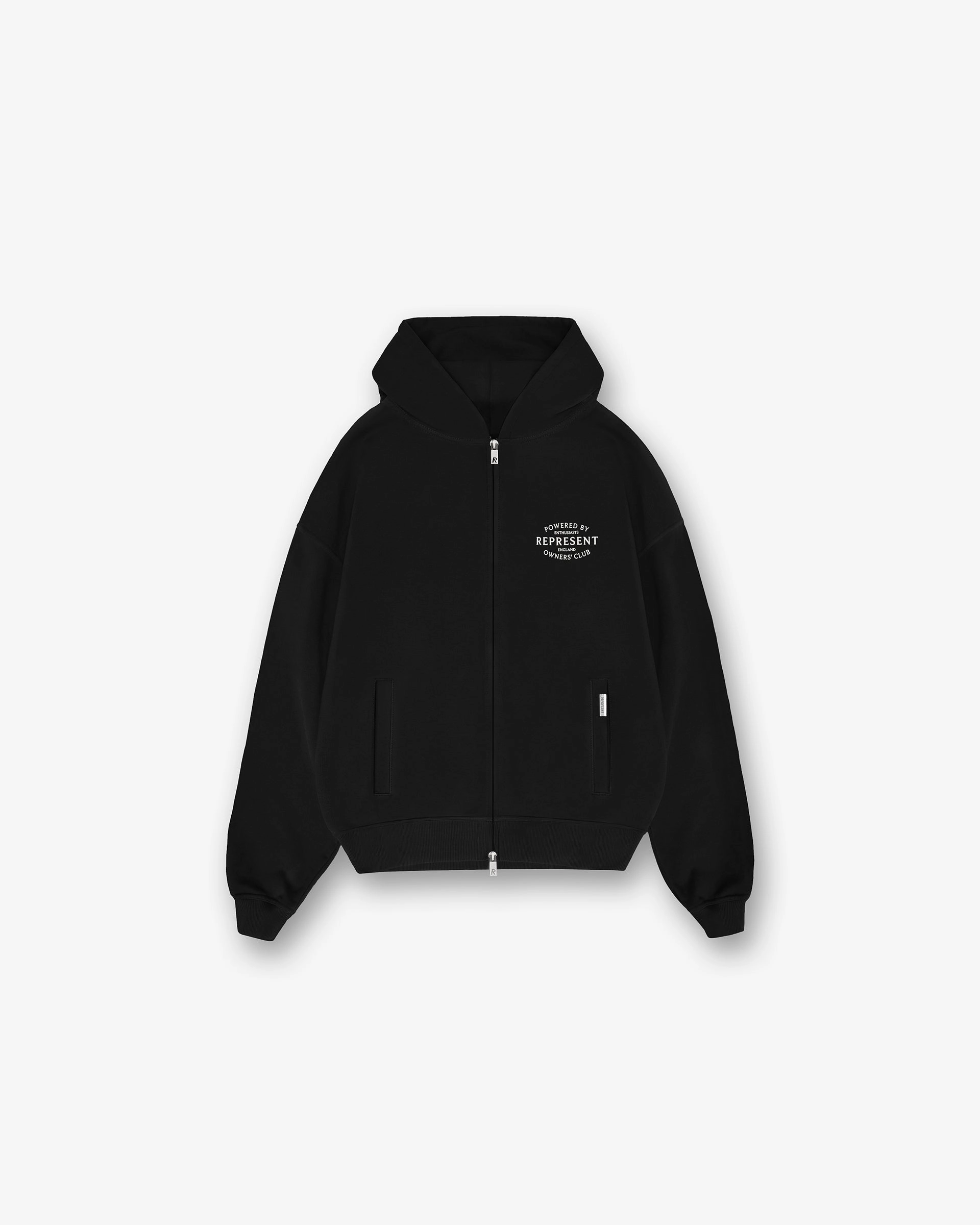 Adjustable drawstring Reinforced Elbows Represent Owners Club Stamp Zip Up Hoodie - Jet Black