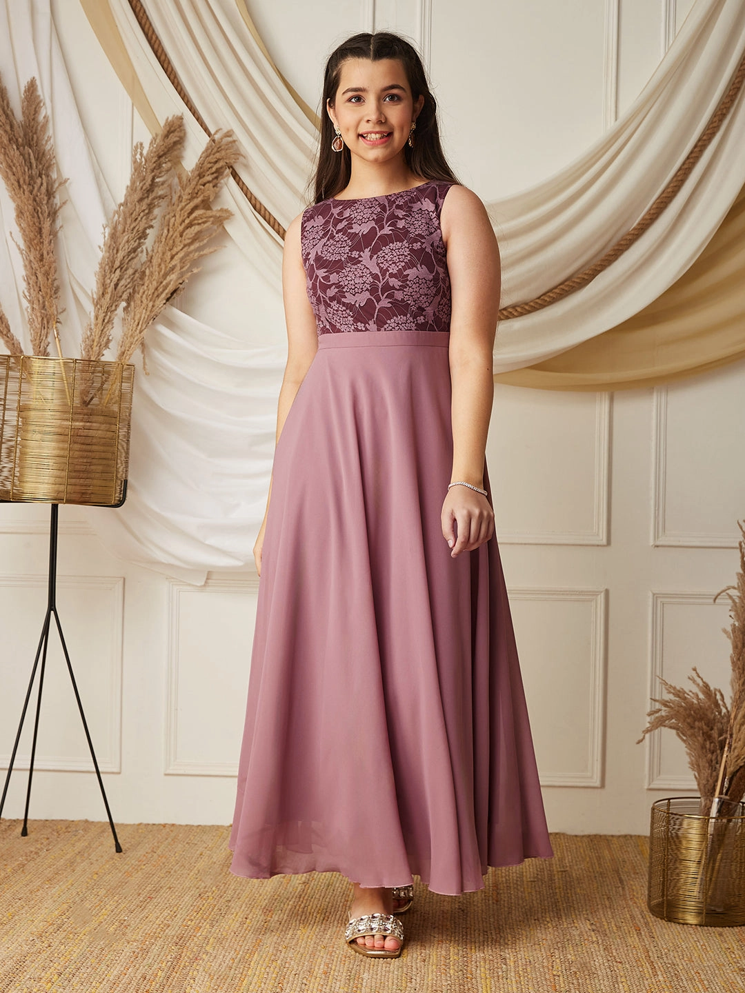 Dusty Pink Boat-Neck Sleeveless Solid Lace Overlaid Polyester Maxi Dress Anniversary-Event