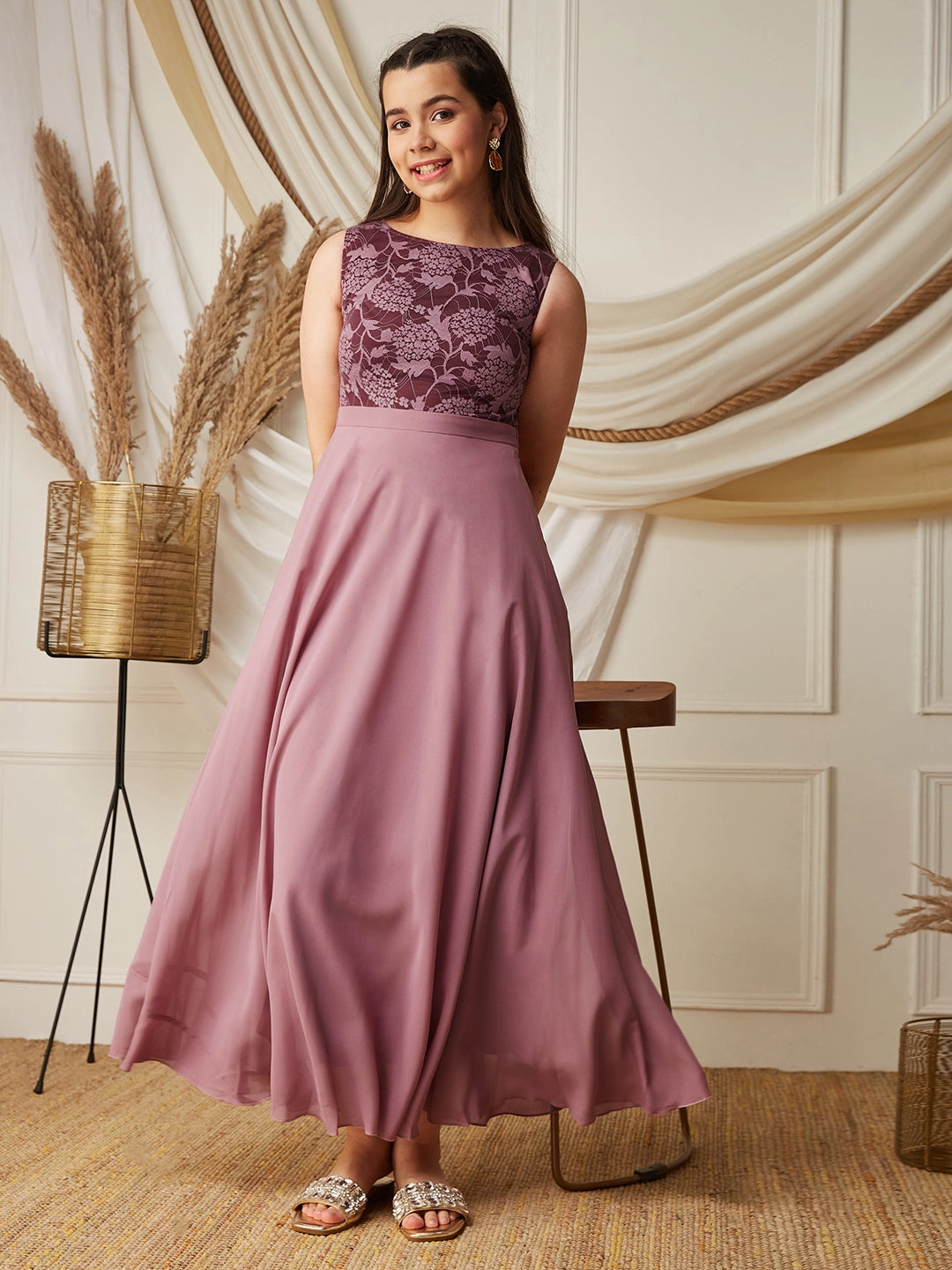 Dusty Pink Boat-Neck Sleeveless Solid Lace Overlaid Polyester Maxi Dress Subtle Glow