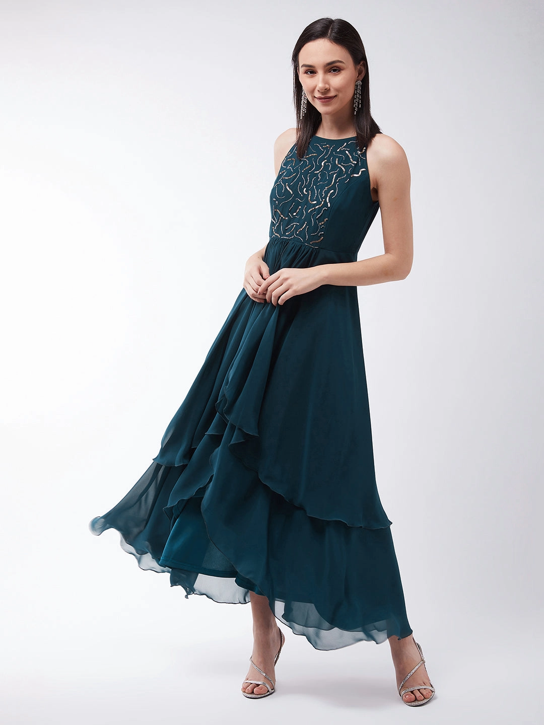 Casual Mode Effortless Tailoring Women's Teal Round Neck Sleeveless Solid Embellished Maxi Dress
