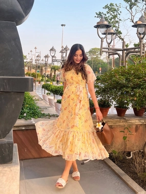 Women's Multicolored-Base-Yellow V Neck Flared Sleeve Floral Wrap Maxi Dress Chic Ensemble