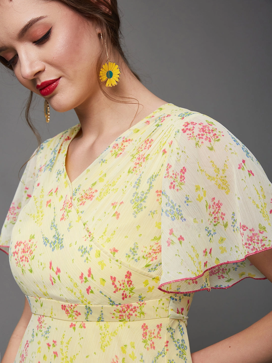 Smooth Edge Women's Multicolored-Base-Yellow V Neck Flared Sleeve Floral Wrap Maxi Dress