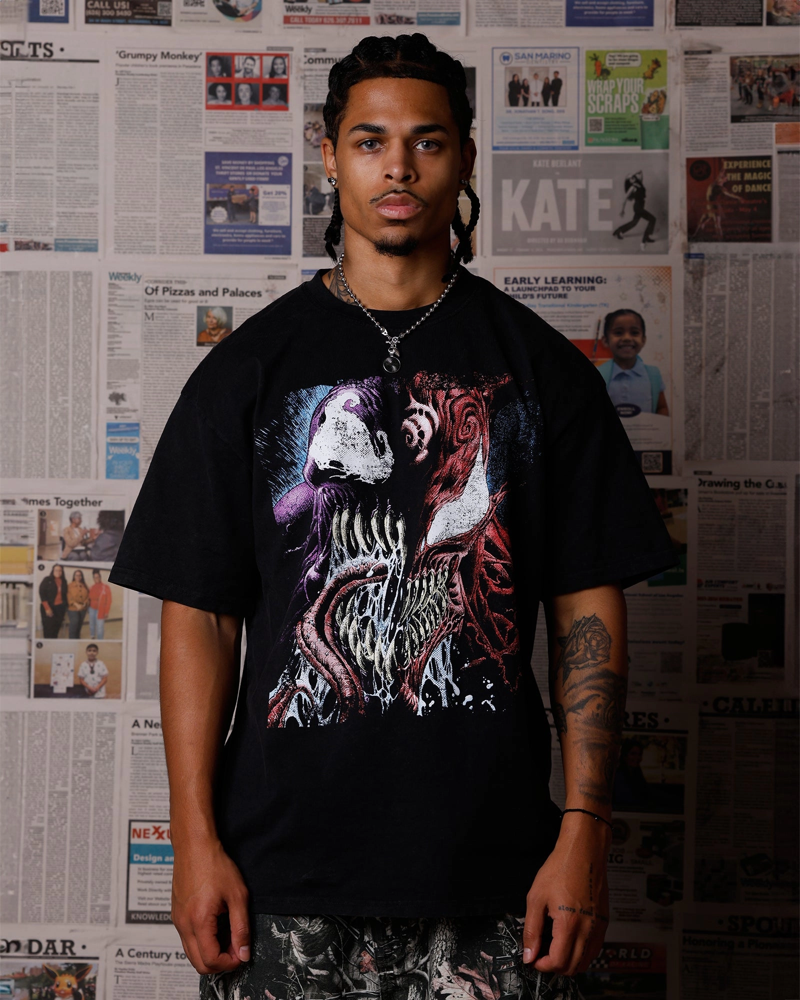 QuickReleaseFastenings Goat Crew Marvel Venom Face T-Shirt Black Acidwash