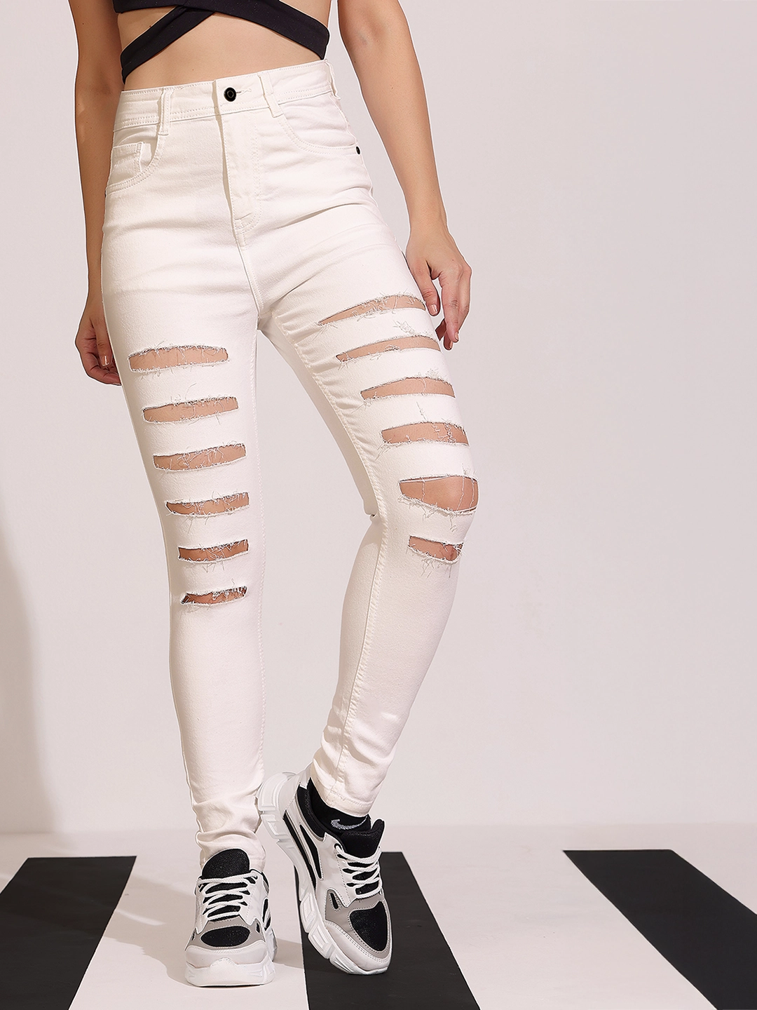 Relaxed Waist Abrasion Resistance Women's White Skinny High Rise Ripped Regular length Stretchable Denim Jeans