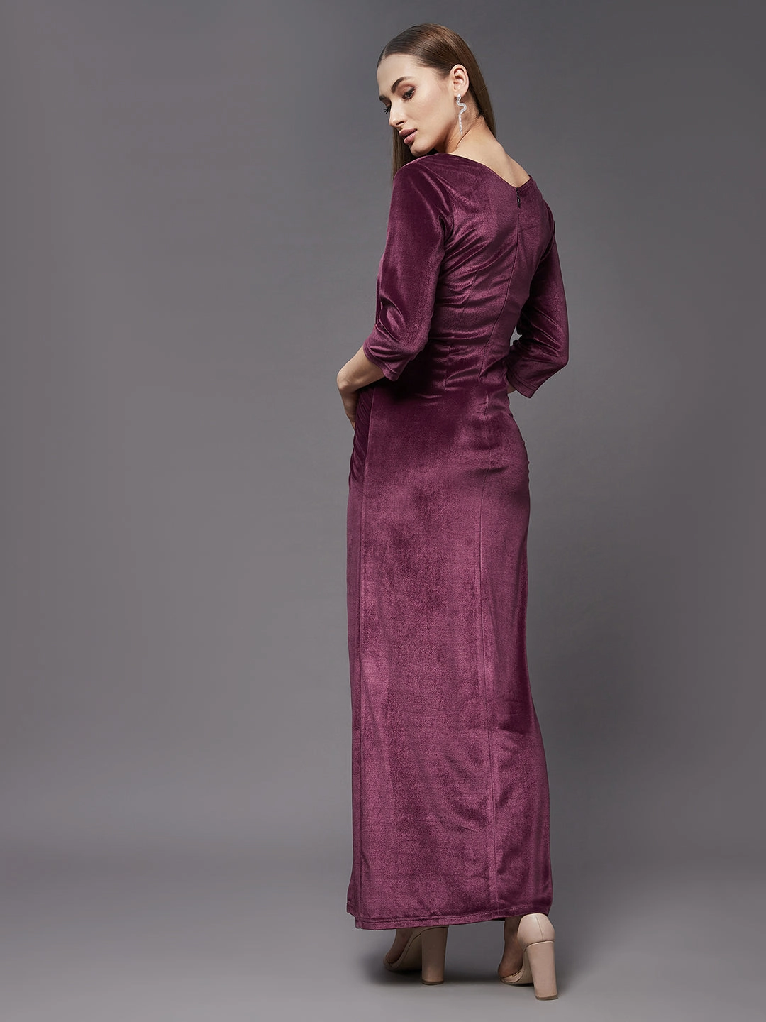 Crease Ease Women's Dark Mauve V-Neck 3/4th Sleeve Solid Ruched Maxi Dress Comfy Comfort
