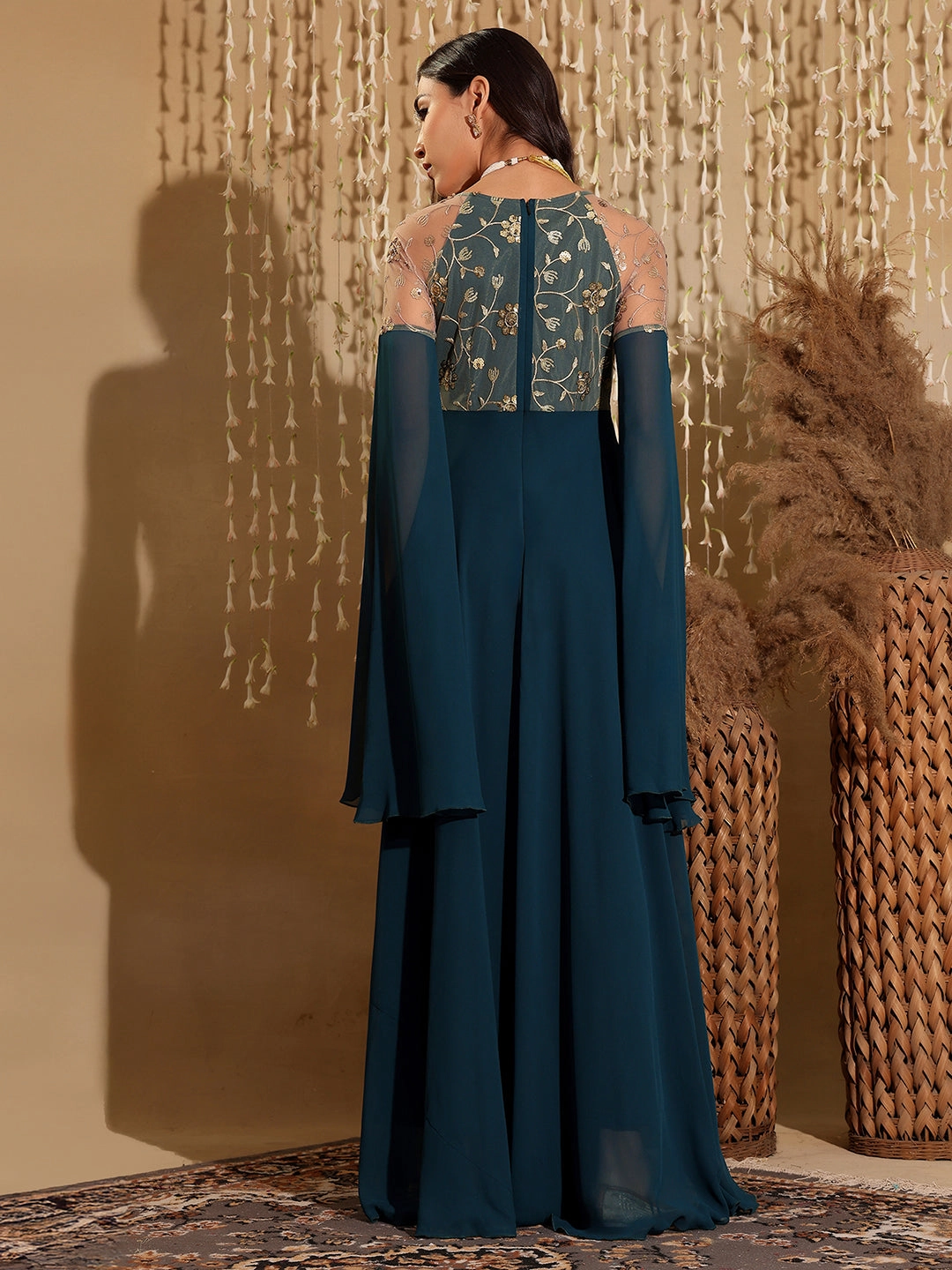 Signature-Style Women's Teal V-Neck Full Sleeve Embroidered Fit & Flare Georgette Maxi Dress