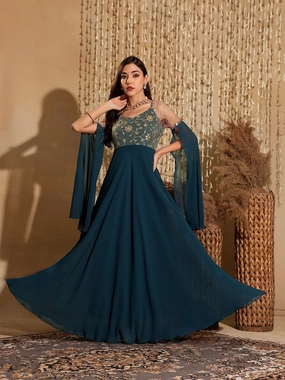 Women's Teal V-Neck Full Sleeve Embroidered Fit & Flare Georgette Maxi Dress Neutral Flow Versatile dress for layering