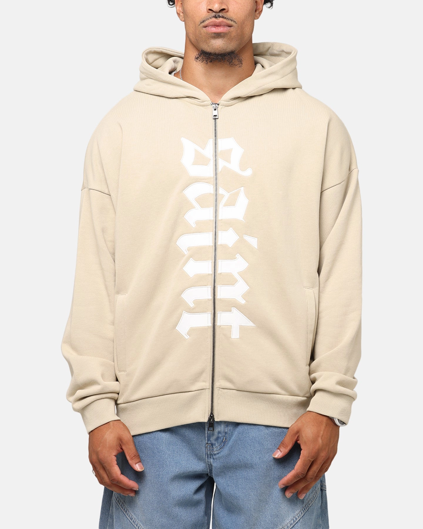 Saint Morta Gothic Distressed Zip Hoodie Stone Butter Soft Handfeel