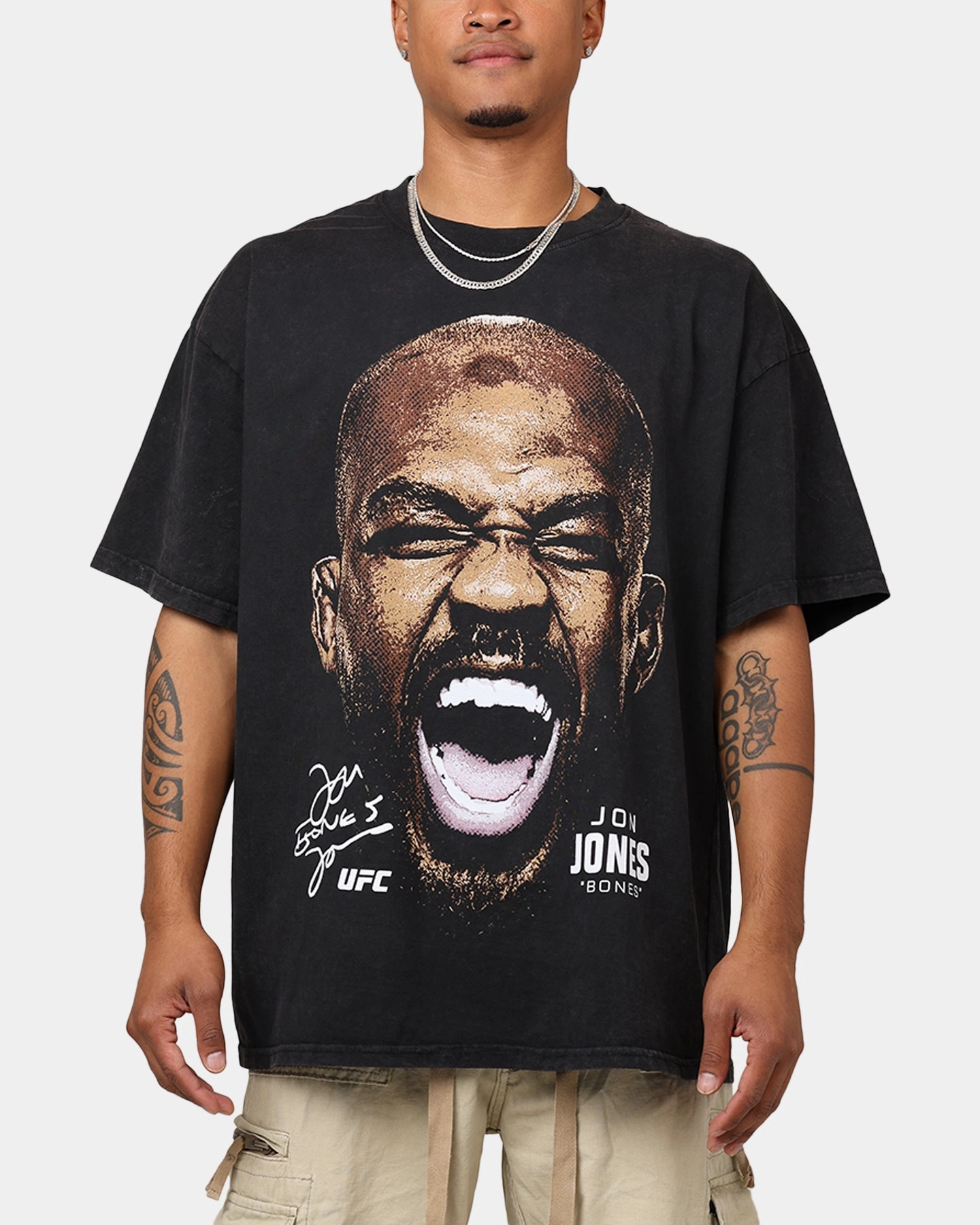 UFC By Goat Crew Jon Jones Big Face T-Shirt Black Acidwash Midweight Texture ErgonomicShape