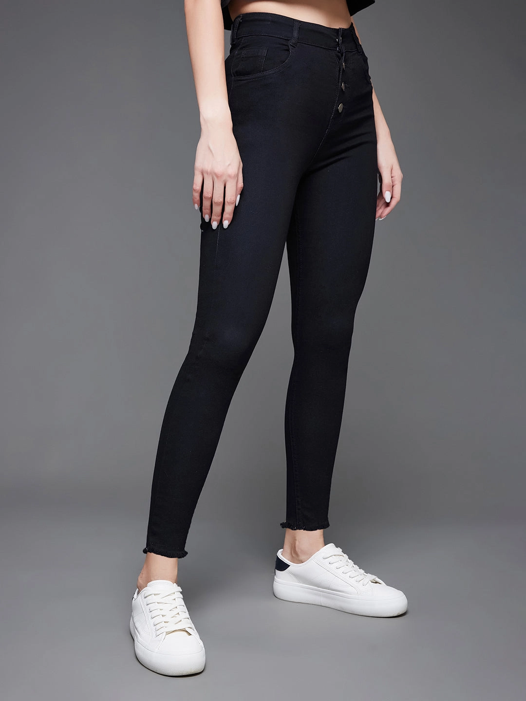 Women's Black Skinny High-Rise Cropped Fringed Hemline Stretchable Denim Jeans Family Style Casual Work Meeting