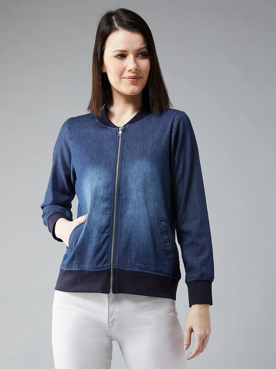 Women's Light Blue Polo Neck Full Sleeves Solid Bomber Regular Jacket QuickDryFinish Zippered Vents