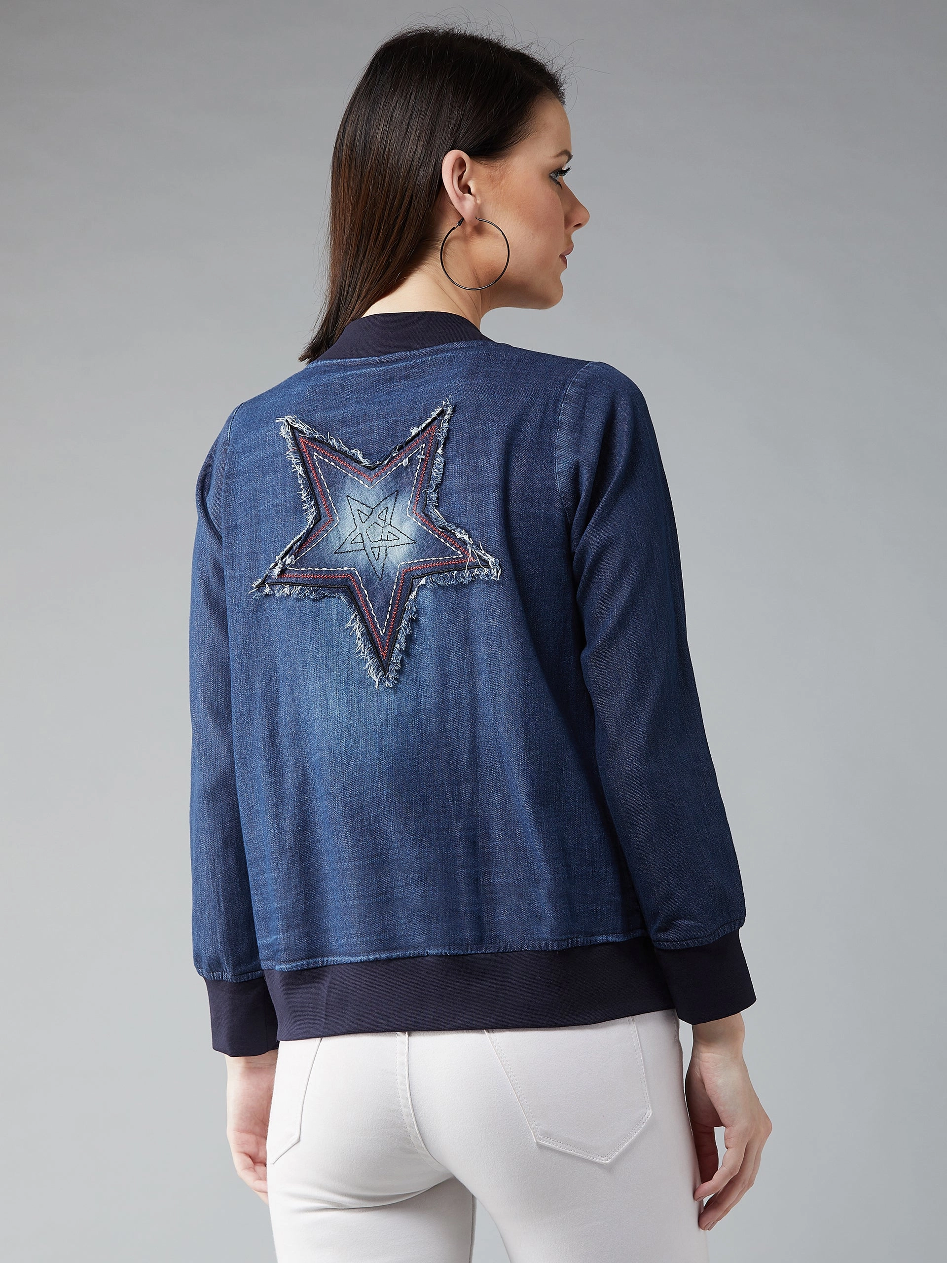 Tear Resistant Fabric Blends Seamless construction Women's Light Blue Polo Neck Full Sleeves Solid Bomber Regular Jacket