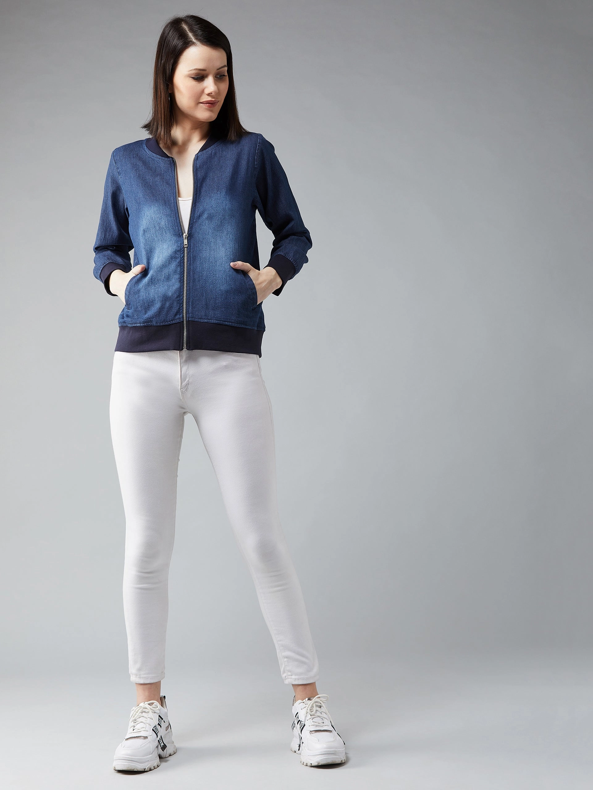 Women's Light Blue Polo Neck Full Sleeves Solid Bomber Regular Jacket Easy Comfort