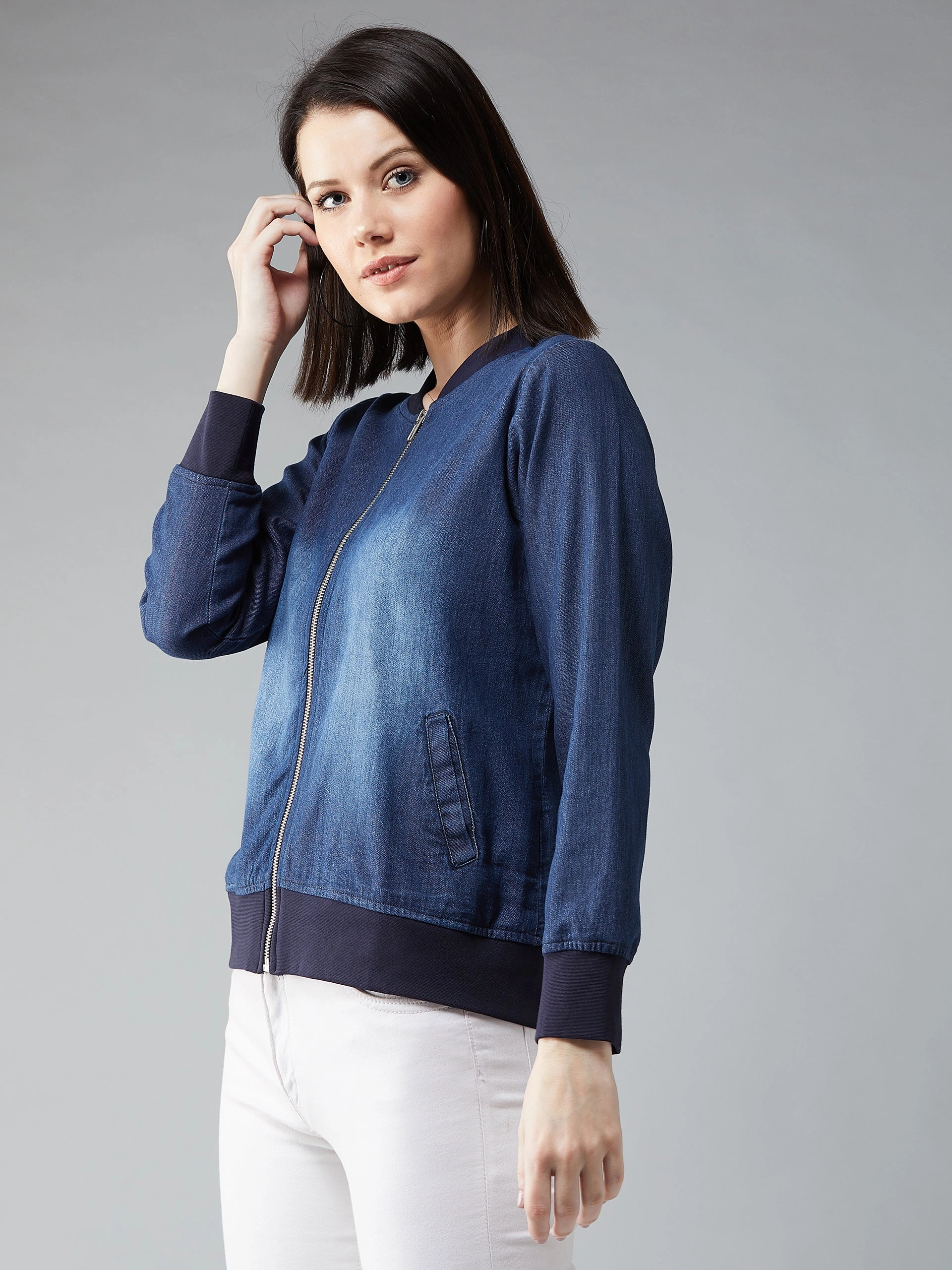 Convertible Features Zippered Closures Women's Light Blue Polo Neck Full Sleeves Solid Bomber Regular Jacket