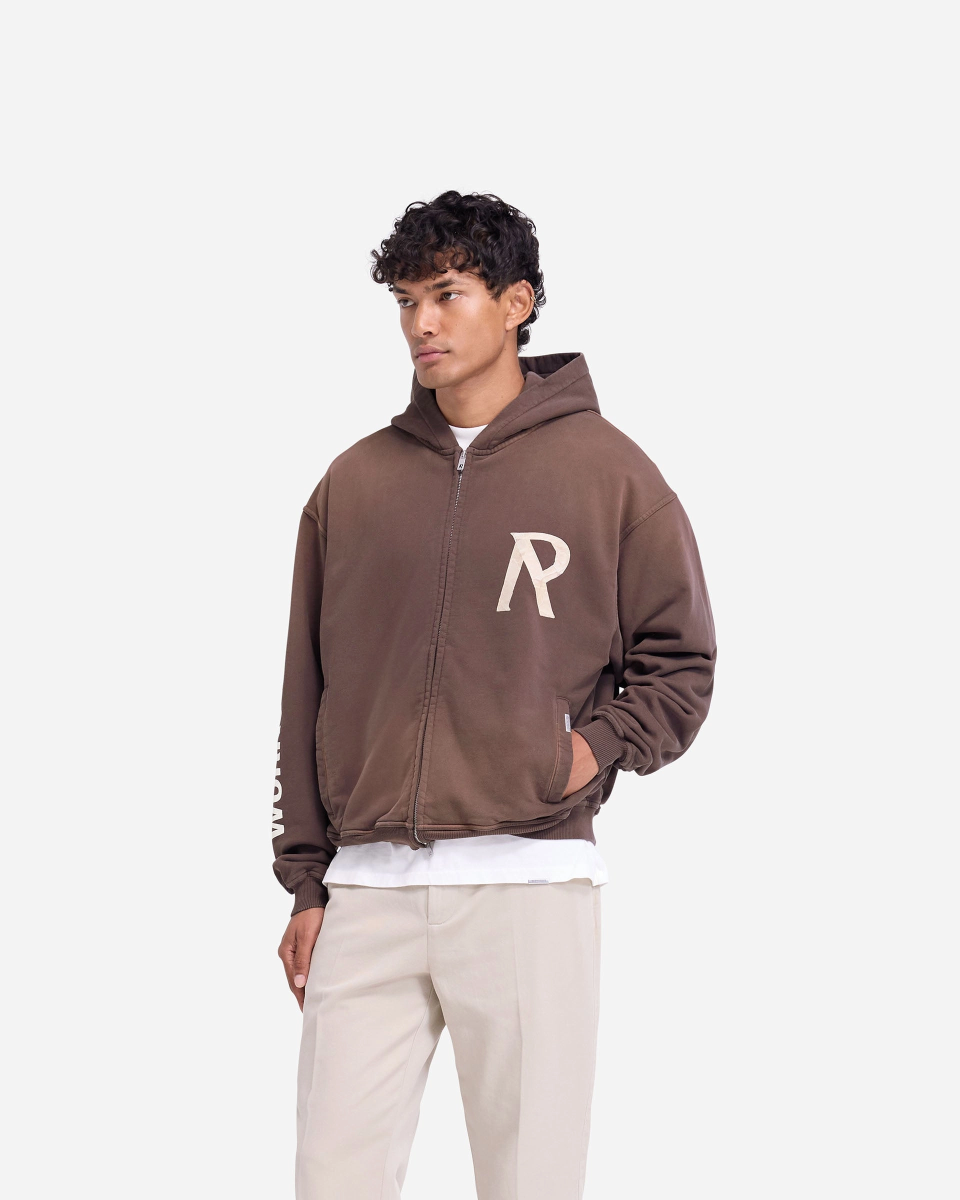Masking Tape Initial Zip Hoodie - Cedar Minimal Layers Athletic Fit