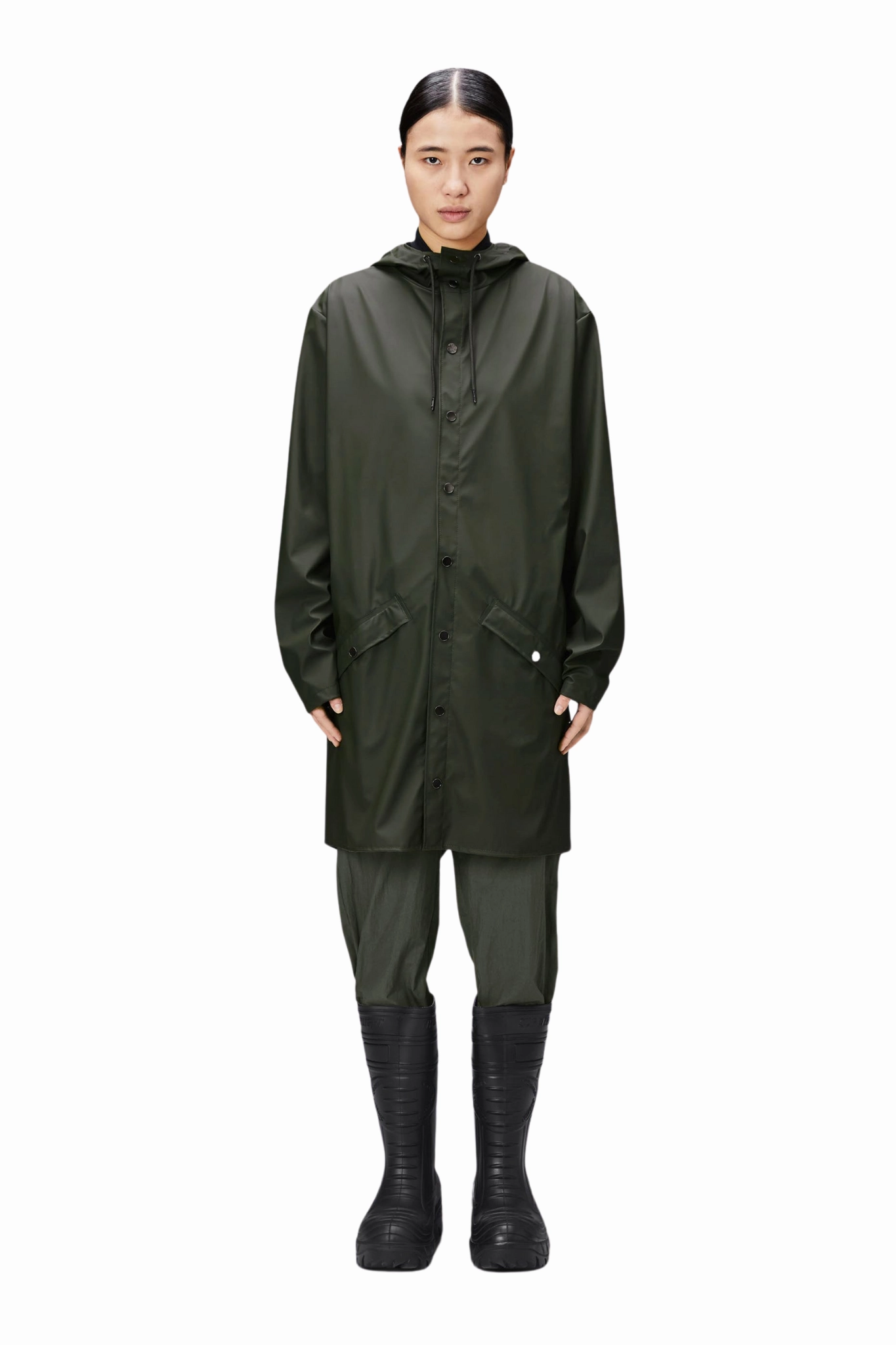 Long Jacket in Green RubberizedButtonClosures