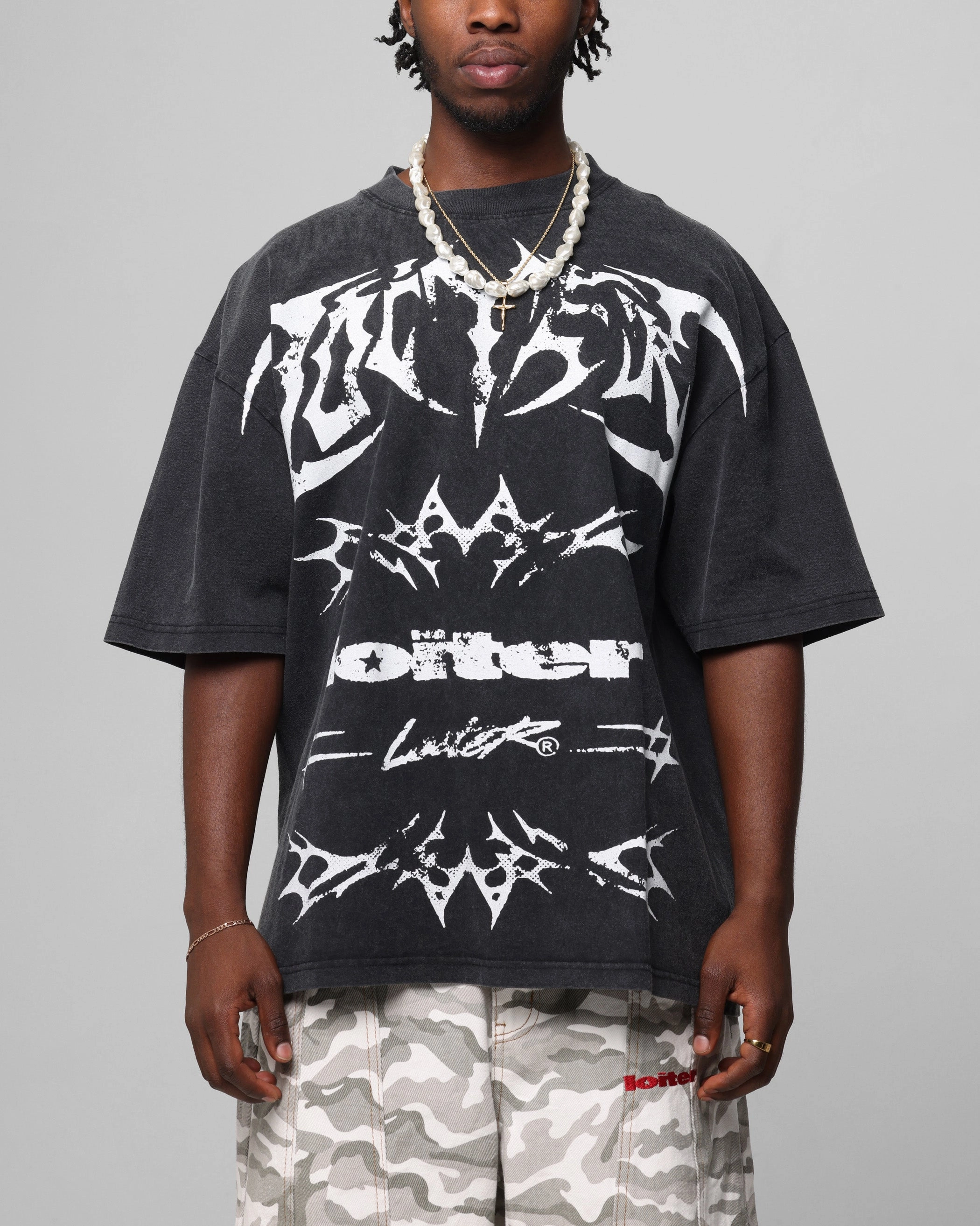 Loiter Metal Stacked Vintage T-Shirt Vintage Black VersatileNeckline Buttery Soft Handfeel