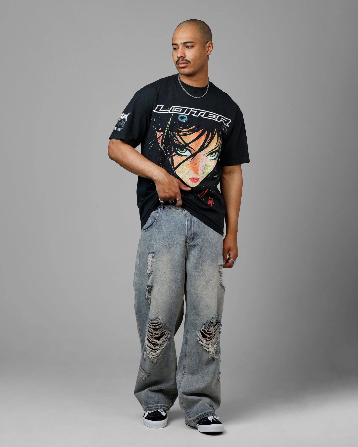 Durable Reinforced Elbows Durable Binding Loiter Project Dark Vintage T-Shirt Black Acidwash