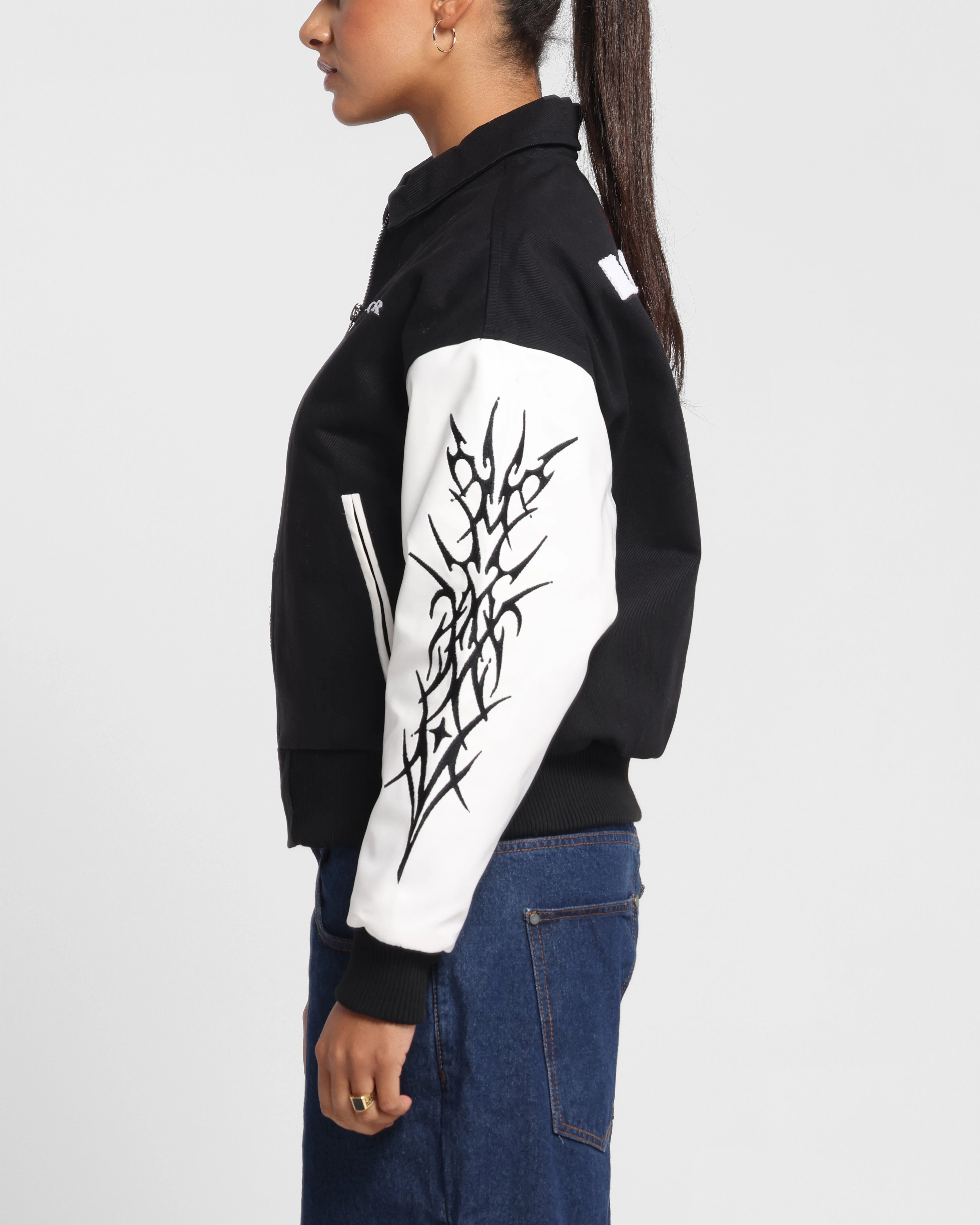 Hypoallergenic fabric Loiter Cyber Varsity Jacket Black/White